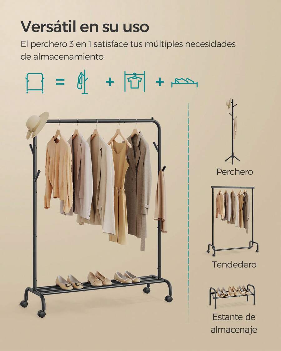 Burro para Ropa, con Ruedas, Perchero Burro con Barra, Estructura de Tubo de Acero, Carga Máx. De 50 kg, Ancho de 103,5 cm, Almacenaje Multifuncional, Negro - Negro - Ver 1
