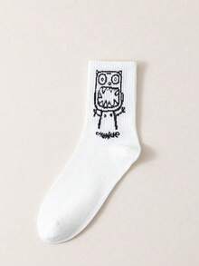 1/10 双/包 随机款式 女款 数字趣味图案 条纹 黑白纯色 嘻哈复古风格 运动中筒袜 - 彩色 - 查看 8