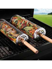 1 pièce Cage de gril de barbecue en acier inoxydable, panier de grill rotatif, filet de cuisson de barbecue portable, filet de barbecue circulaire pour légumes, frites, poisson, crevettes, convient pour les paniers de barbecue d'extérieur, les grils de barbecue de camping d'extérieur, l'équipement de pique-nique de camping, les petits accessoires de cuisine, avec des crochets anti-brûlure