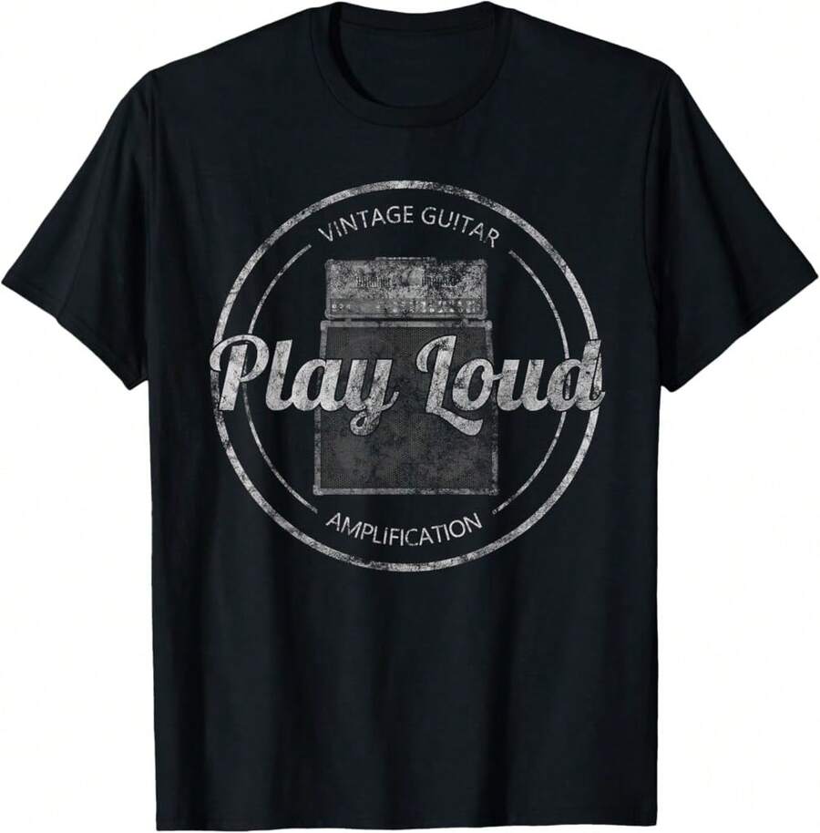 Camiseta de guitarrista de guitarra eléctrica vintage que toca fuerte con amplificador - Negro - Ver 1