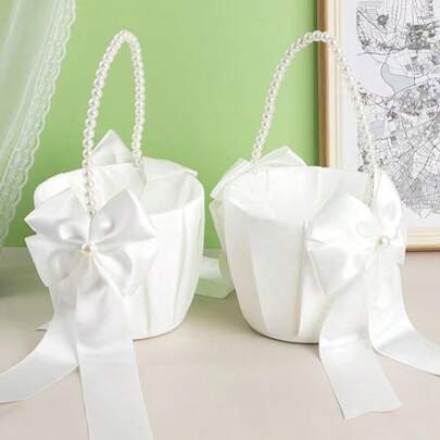 1/2pcs/3pcs White Faux Pearl Wedding Flower Basket - White Bow Flower Basket, Satin Flower Basket, Suitable For Wedding Party Decoration, New Year Gifts, Decorative Gifts
