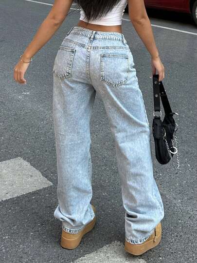 Calça jeans feminina casual, leve, lavada à água, rasgada, perna reta, para uso diário