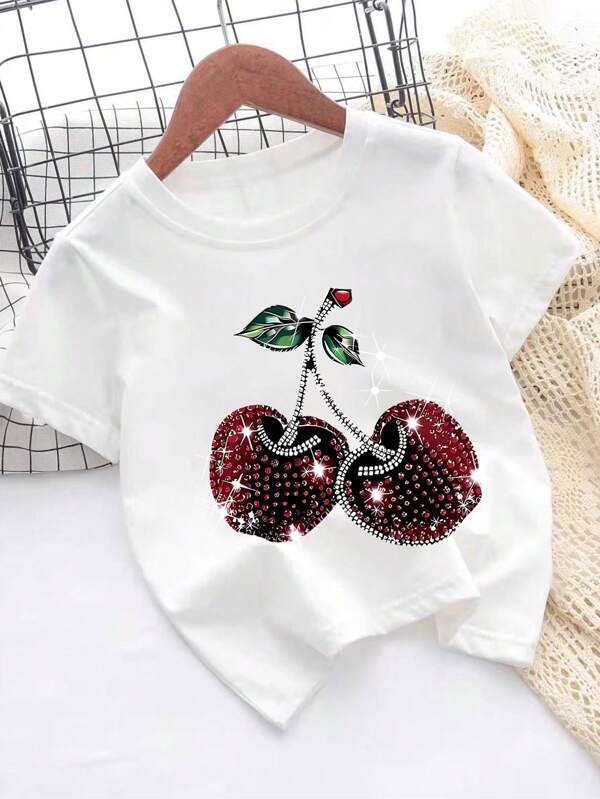 Camiseta de manga corta y cuello redondo con estampado de cerezas, informal para niñas preadolescentes, para primavera y verano