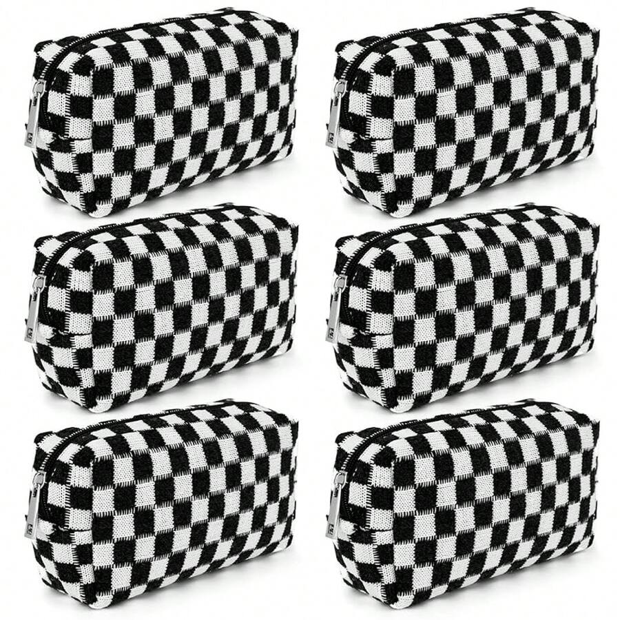 Checkered Makeup Bag Preppy Cosmetic Bag Bulk Blue Makeup Pouch Travel Toiletry Bag Organizer Cute Makeup Brushes Storage Bag Women Fashion - 黑色 - 查看 1