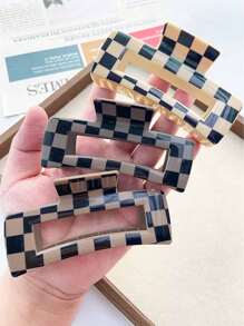 3pcs Women's Checkerboard Square Claw Hair Clips, Simple Fashion Resin Dual-Color Checkered Square 10.5cm Hollow Hair Clamps For Daily Commute Outfit Matching, Bun Hairstyle Fixing Hair Shark Tooth Hair Clip Accessory