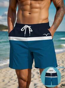 Pantalones cortos de playa de verano para hombres con cintura con cordón, bolsillos en diagonal, secado rápido de doble capa con forro de malla, estampado 3D colorido de gaviota, moda casual para playa