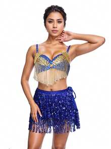 Conjunto de sujetador de danza del vientre con lentejuelas brillantes y cadena de cintura con flecos para mujer, disfraz de carnaval - Multicolor - Ver 11