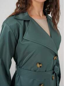 5853 Crossover Collar Trench Coat, Solid Color Elegant With Belt And Pockets Design - Khaki - View 3