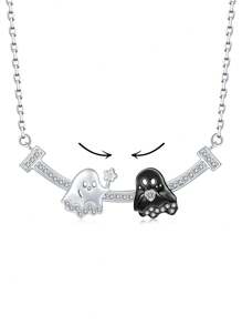 1 Stück Kreatives, bewegliches Damen-Halsband mit schwarz-weißem Geist-Zirkonia-Herz-Anhänger, lustige Stresslinderung, Jahrestags-Geschenk für Paar, cartoon-artig, süß, Choker-Stil