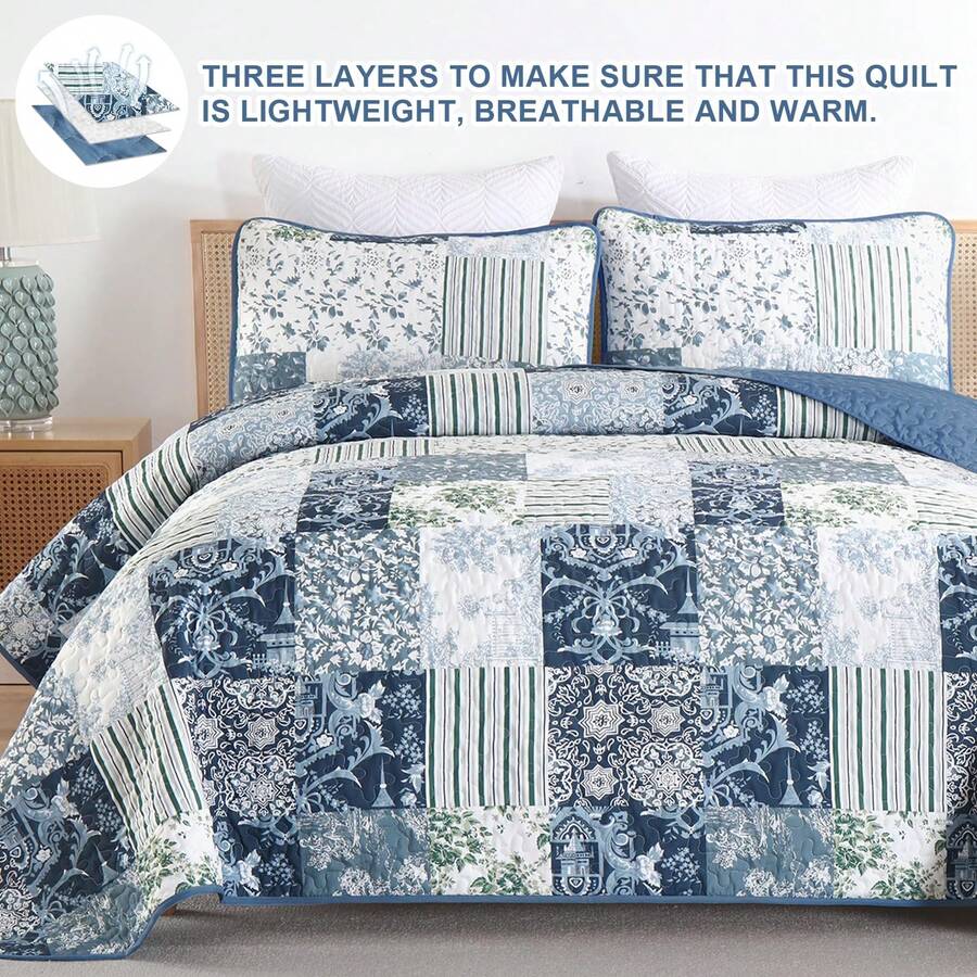 3 Pieces Floral Plaid Blue Queen King California King Size Reversible Bedspread Coverlet Set For Wedding Items,Valentines Day Home Bed Room Decor,Mothers Day Gift,All Season  ,Soft Microfiber Bedding Set Pillowcase - Blue02 - 查看 1