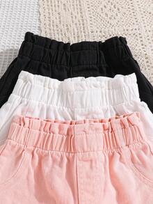 3pcs Young Girl Classic Blue Denim Shorts With Waist Ruffle, Fashionable Casual And Versatile, Spring/Summer - View 3