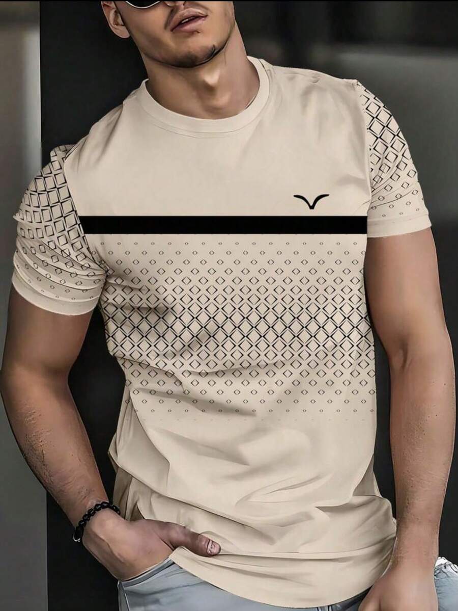 Plus Size Men's Geometric Print Lightweight Crew Neck Short Sleeve T-Shirt - Khaki - View 1