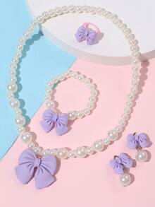 5 件/套女孩可爱珍珠蝴蝶结项链手链耳环戒指首饰套装，简约百搭 - 彩色 - 查看 12