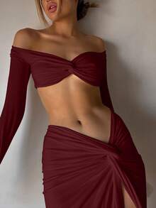 女士性感褶皱露肩短款上衣和开衩裙两件套时尚派对度假优雅节日秋冬装