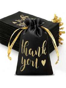 50pcs Black Satin Drawstring Bags, Gift Bags, 4*6 Inches Printed With Gold "Thank You" - Multipurpose Cloth Bags Suitable For Various Holidays, Wedding Favors, Bridal Shower, Anniversary Gifts, Party Supplies And Small Business Gifts