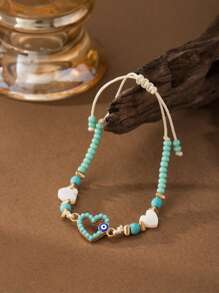 Pulseira ajustável estilo boêmio verde menta com pingente de coração, árvore da vida, acessório versátil para praia/férias