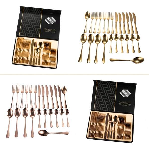 24-Piece Stainless Steel Cutlery Set Flatware Gold / Rose Gold Tableware Kitchen Dinnerware Dinner Knife Fork Tea Spoon Dining Room Restaurant Party Gift Box