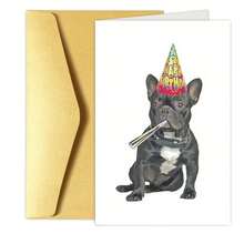 Cartão de aniversário alegre com envelope para buldogue francês, perfeito para amigos, familiares e entes queridos em seu dia especial - com um cachorro em um chapéu de festa, ideal para o Natal