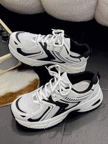 All Season Plus Size Casual Sneakers, Thick Sole Wedge Chunky Sneakers, Leather & Mesh Patchwork, Breathable, Versatile, Couple Shoes, Outdoor Sports Running Shoes. Size Runs Small, Please Order One Size Up. - Black - View 5