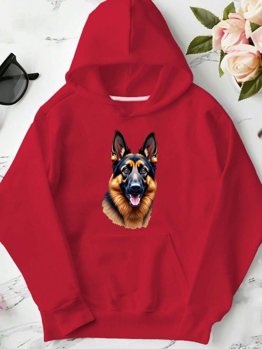 Watercolor German Shepherd Dog Portrait  Women's Casual Hoodies - Red - View 1
