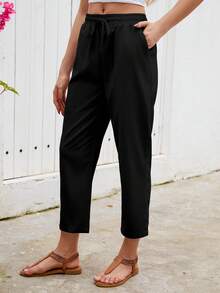 Jisfaneya纯色弹力腰抽绳褶皱面料黑色七分裤，休闲度假装，百搭春夏锥形裤 - 黑色 - 查看 2