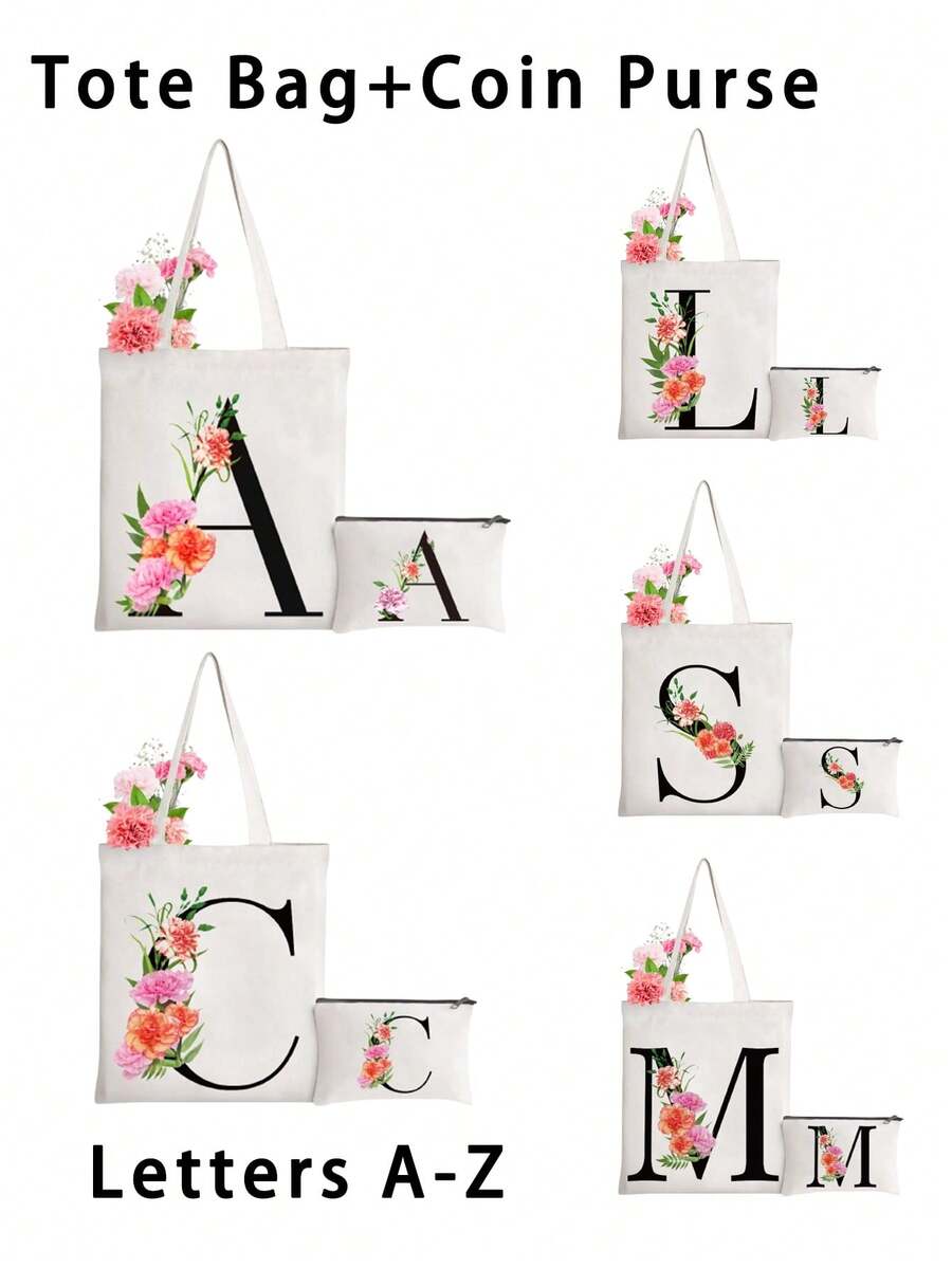 Name Initials A-Y Letter Pattern Tote Bag,Crossbody Bags For Women,Lightweight Casual Minimalist Large Capacity Top Handle Bag Double Handle For Teen Girls Women College Students,Rookies & White-Collar Workers Perfect For Office,College,Work ,Business,Commute,Outdoors, Travel, Outings. - Multicolor - View 1