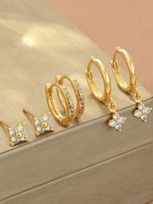 6pcs Elegant Copper Rhinestone Flower Pendant Hoop Earrings Set, Suitable For Women, Date, Wedding, Party, Mother, Wife, Friend, Birthday Gift