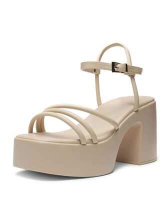 Women's Heeled Sandals With Buckle Strap In Stone Polyurethane - Size US 5-10 / UK 3-8 / EU 36-41 - Ladies Summer Platform Sandals For Casual Or Party Wear - Stylish And Comfortable Footwear For All Occasions