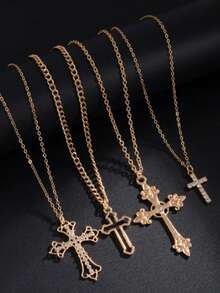 4 件赛博朋克风格十字架项链，多层吊坠项链配饰，时尚百搭，适合女性 - 金色 - 查看 2