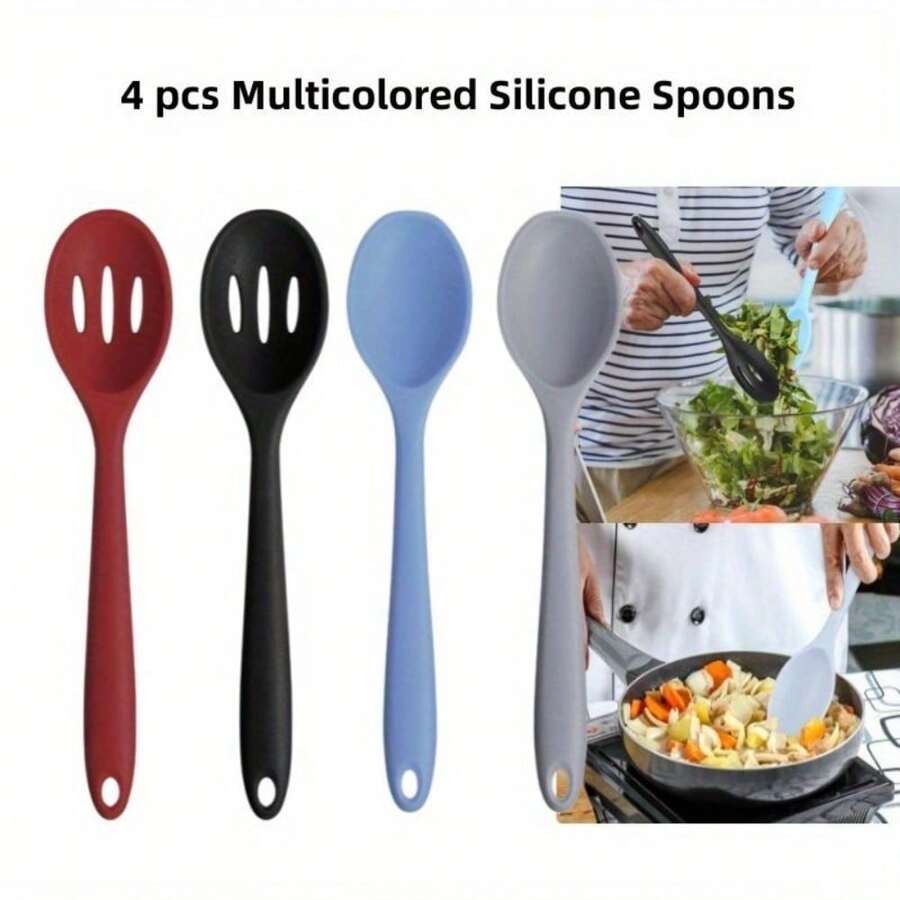 4 Pcs Kitchen Silicone Cooking Spoons Set Heat Resistant Nonstick Mixing Slotted Spoons Large Serving Spoons For Kitchen Cooking Baking Stirring Dishwasher Safe Mixed Colors