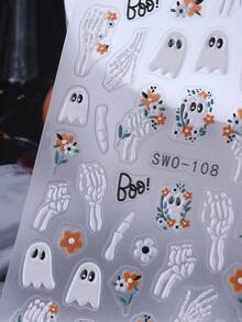 2 件浮雕可爱万圣节指甲贴纸鬼南瓜蜘蛛网黑猫贴花美甲设计白色骷髅头骨绷带花自粘纹理节日滑块美甲装饰美甲用品