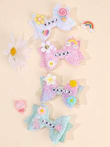 1 Stück kundenspezifische glitzernde Haarschleife mit Wunschtext für Mädchen, kundenspezifischer Name, glänzend weiß-rosa Schleife Haarspangen, süßer Bären-Blumen-Dekor Haarnadeln, lässiger Alltagskopfschmuck, Kinderbaby Haraccessoires