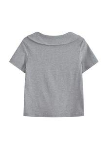 Yellow Short Sleeve Peter Pan Collar Fitted Solid Color Cropped Top For Women, Summer, Versatile Casual Spring - Grey - View 2