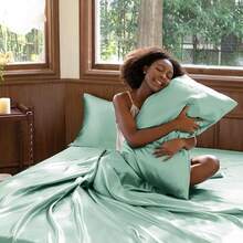 New-  Satin Sheets Queen Size - 4 Piece Aqua Bed Sheet T  Silky Microfiber, 1 Deep Pocket Fitted Sheet, 1 Flat Sheet, And 2 Pillowcas - Ooth And Soft - 水之女王 - 查看 7
