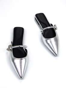 秋冬女士优雅银水晶镶嵌带装饰金属尖头穆勒鞋，舒适的一脚蹬平底鞋，适合日常穿着和派对