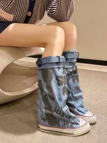 女士灰色圆头厚底平底踝靴，春秋季休闲帆布短靴