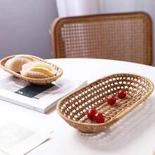 1pc 7.08/10.23 Inch Japanese Style Natural Rattan Bread Basket, Dessert Fruit Tray, Tableware Cutlery Storage Organizer Basket - Yellow - View 5