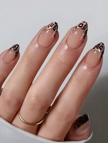 30 piezas de uñas postizas cortas con forma de almendra, set de uñas con diseño de estampado de leopardo y estilo francés de ojo de gato, adecuado para presionar las uñas, apto para uso en vacaciones, fiestas, con amigos, citas y uso diario