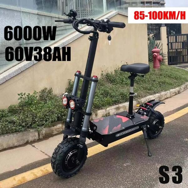 Patinete eléctrico Boyueda S3, 6000 W, 60 V, 38 Ah, motor doble, asiento extraíble, amortiguación hidráulica, neumáticos todoterreno de 11 pulgadas