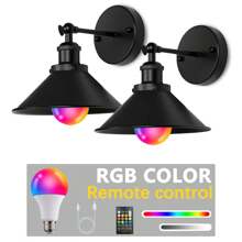 Black Vintage Wireless Battery Operated Wall Sconces, Industrial Cordless Battery Powered Led Wall Lights Set Of 2, Wall Lamp Fixture Indoor With RGB Light Bulb/No RGB Light Bulb Remote Control For Bedroom Farmhouse Gallery