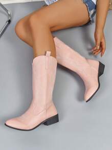 1 Pair Women Elegant Fashion Slip-On Embroidered Western Boots, High Heel Embroidered Western Boots, Stylish Embroidered Cowboy Boots, Slip-On Mid-Calf Flat Boots For Autumn/Winter