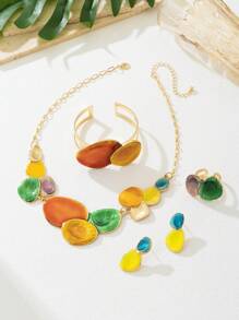 1 Set Colorful Dopamine Inspired Asymmetrical Geometric Ellipse Pendant Necklace, Bracelet, Earrings And Ring For Women, Suitable For Vacation, Daily Wear, Music Festival