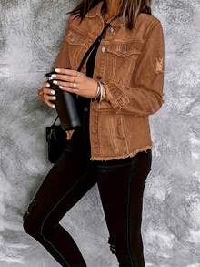 Necooer Women's Denim Jacket Old Wash Button Boyfriend Denim Jacket Jacket With Pocket - 棕色 - 查看 4