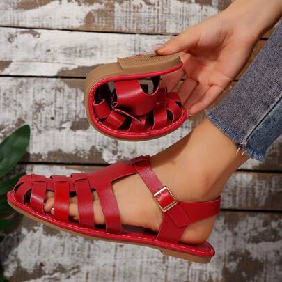 Sandálias fechadas planas de estilo vintage casual 2025, Sapatos romanos respiráveis, trançados e vazados