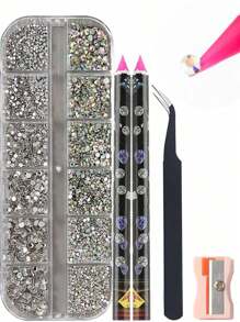 Cristal Strass Decoração de Unhas Conjunto de Tamanhos Mistos Pedras Planas Claras e AB Inferiores, Gemas de Diamante DIY Ferramenta de Arte de Unhas Caneta Pontilhadora, Pinça, Suprimentos para Unhas