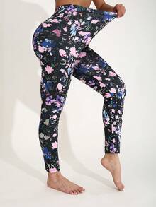 Women's Casual Fashion Sports Leggings, Black, Soft & Stretchy Material, Blue & Pink Floral Pattern, Full Plant Printed, Slim Fit, Suitable For Activities, Parties, Fitness, Yoga, Outdoor Walks, 7/8 Length