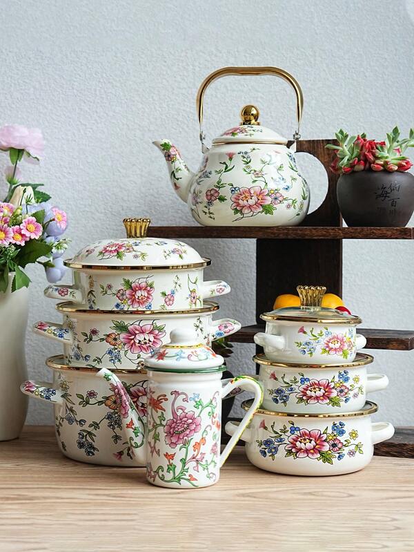 1set, Modern Style Decal Enamel Series Kitchenware, Enamel POTS And Kettles Suitable For All Seasons, Multi-Functional High-Temperature Resistant Household Kitchenware, Essential For Fashionable And Charming Cooking Creation, Portable Kitchenware For Outdoor Barbecues And Camping, Exquisite Gifts For Friends And Relatives On Festivals And Birthdays
