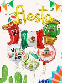 7pcs Mexican Fiesta Balloon Party Decorations Including Gold Fiesta Banner, Cactuses, Chilies, Sombrero, Avocado Balloons