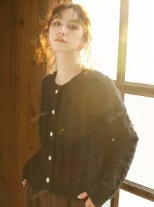 Knit Mix Women's Solid Color Simple Round Neck Knitted Cardigan For Daily Wear