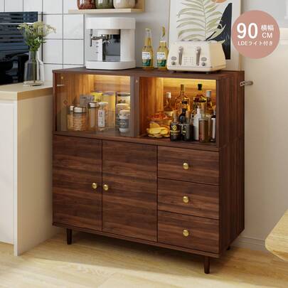 FUFU&GAGA サイドボード 木製 幅90 御洒落 キャビネット スリム北欧 ディスプレイラック おしゃれ 扉付き キッチン リビング収納 ブラウン